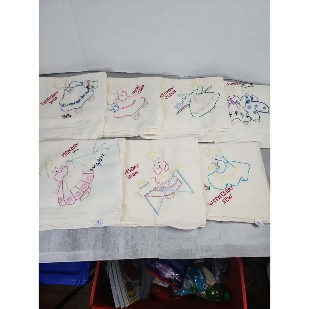 Set of Vintage 7 Days of the Week Household Chores Theme Tea Towels Embroidered
